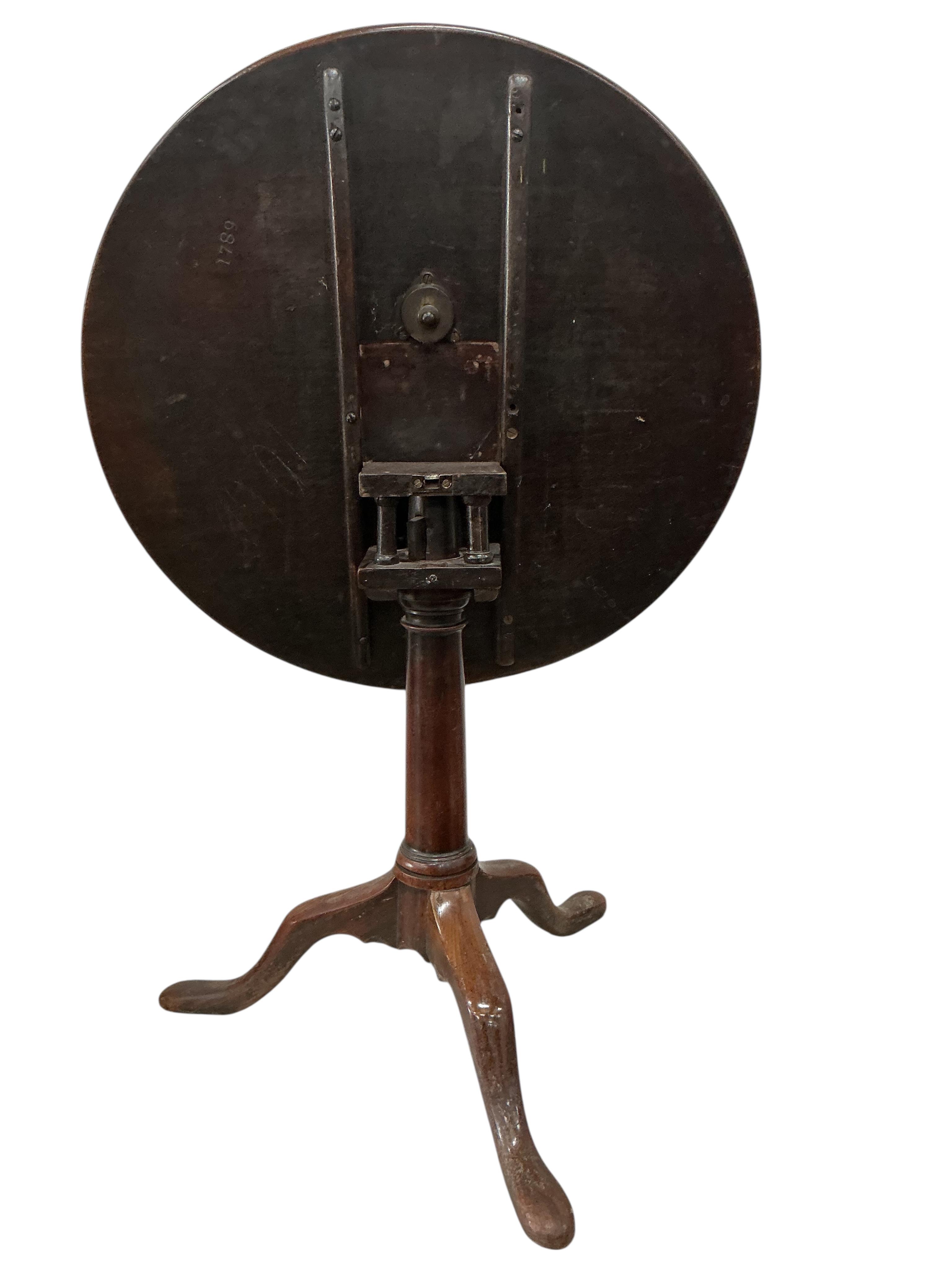 A George III circular mahogany tilt top birdcage tea table, diameter 69cm, height 65cm, reduced